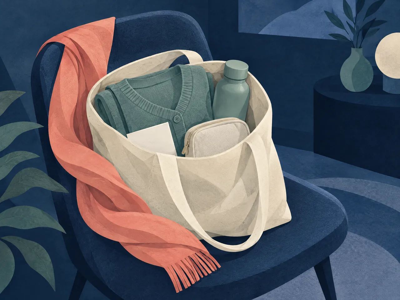 sciatica diagnosis and examination — Prepared appointment tote containing a cardigan, water bottle, small pouch, and blank note, arranged on a chair — Hong Kong