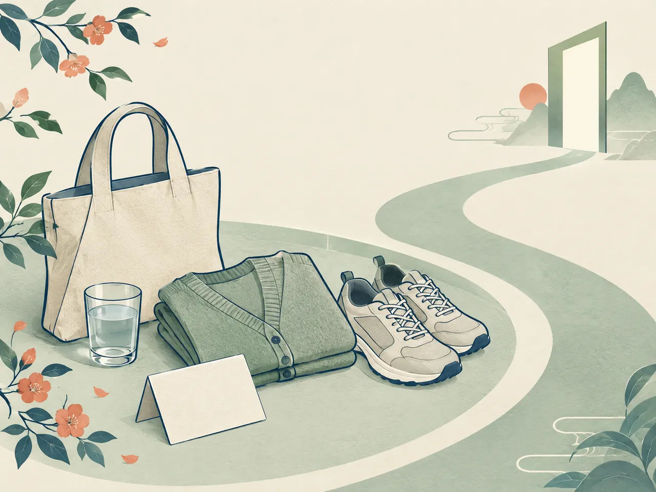Kwun Tong Chinese medicine clinic — Practical clinic-visit preparation still life with a tote, water glass, folded cardigan, walking shoes and an unmarked note card — Hong Kong