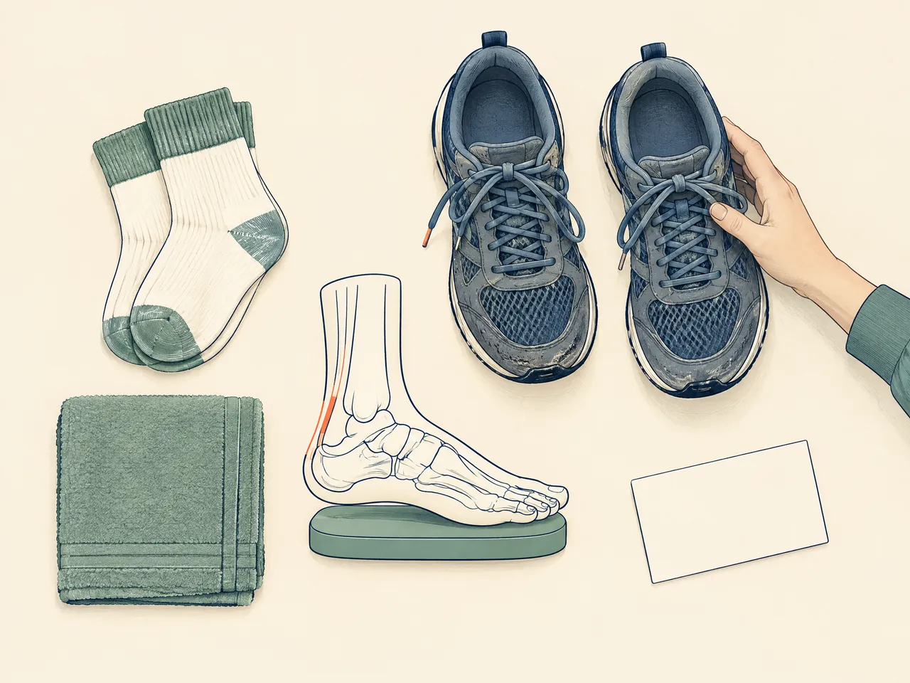 recurrent ankle sprains — Assessment-preparation flat lay with clean socks, walking shoes, folded towel, blank card and a simple foot-and-ankle model — Hong Kong