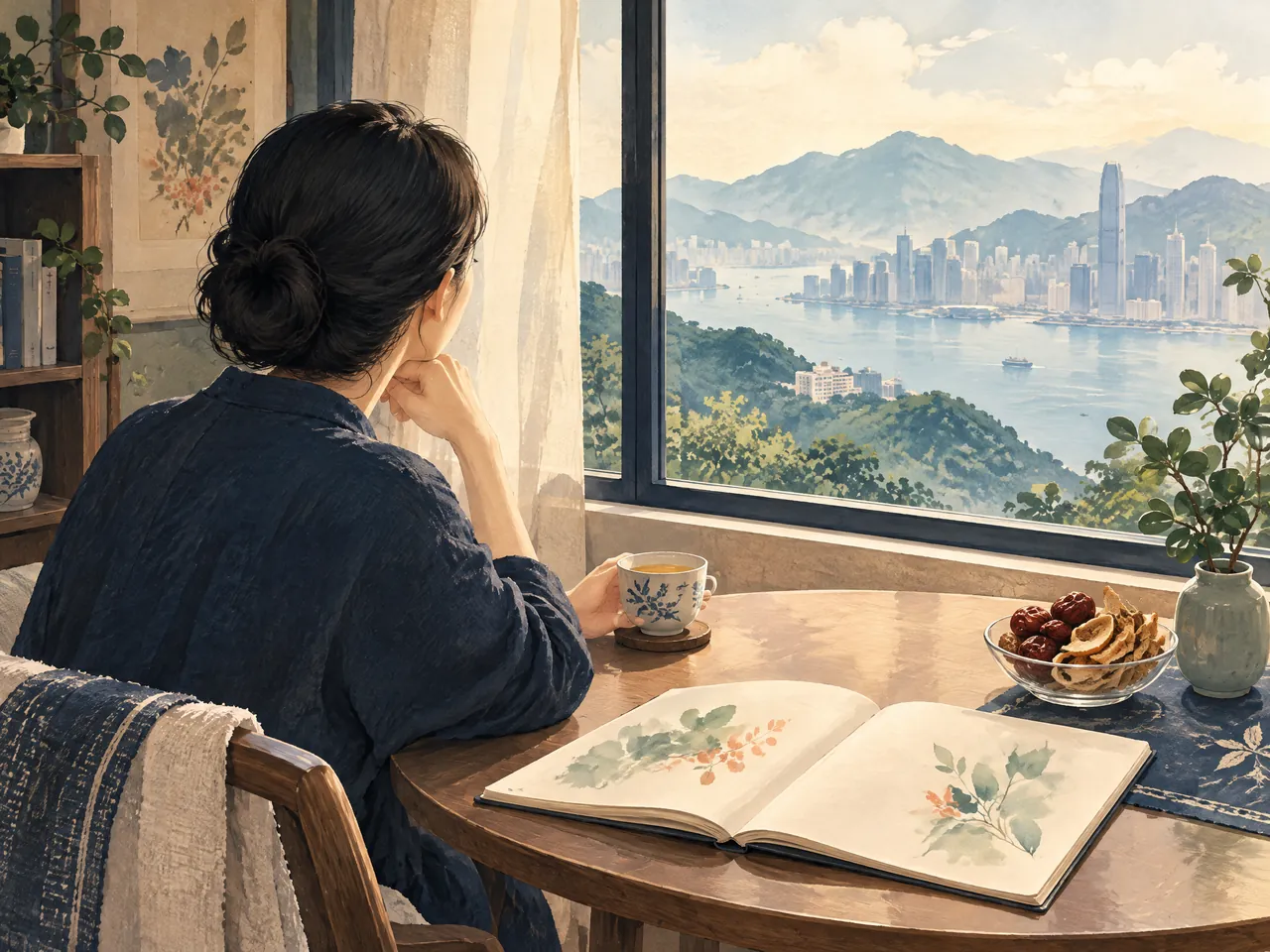 Chinese herbal medicine — An adult reflects at a home window with herbal tea, dried citrus and red dates beside an open botanical journal — Hong Kong