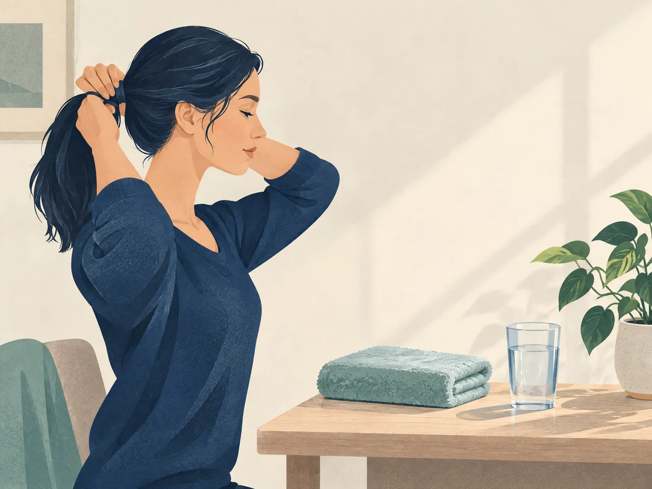acne scar types — Preparation scene with an adult tying back hair beside a towel, water glass and plant — Hong Kong