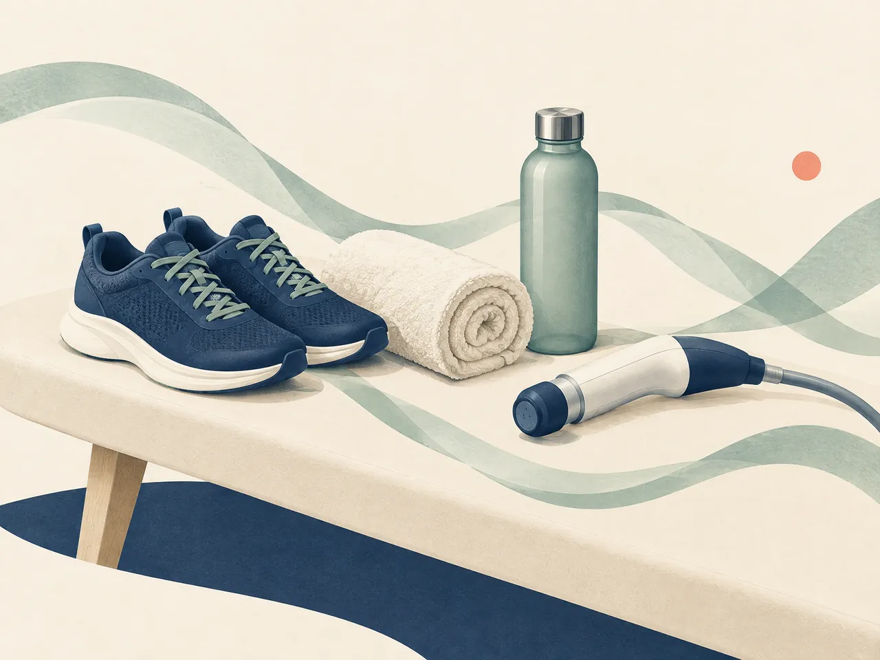 pain assessment — Walking shoes, a rolled towel, water bottle and unbranded shockwave handpiece form a quiet visit-preparation still life — Hong Kong