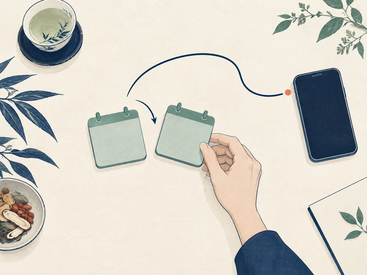 TCM Lab health information — A hand moves between two blank calendar tiles beside a phone and a flowing contact path, showing a request to change or cancel an appointment — Hong Kong