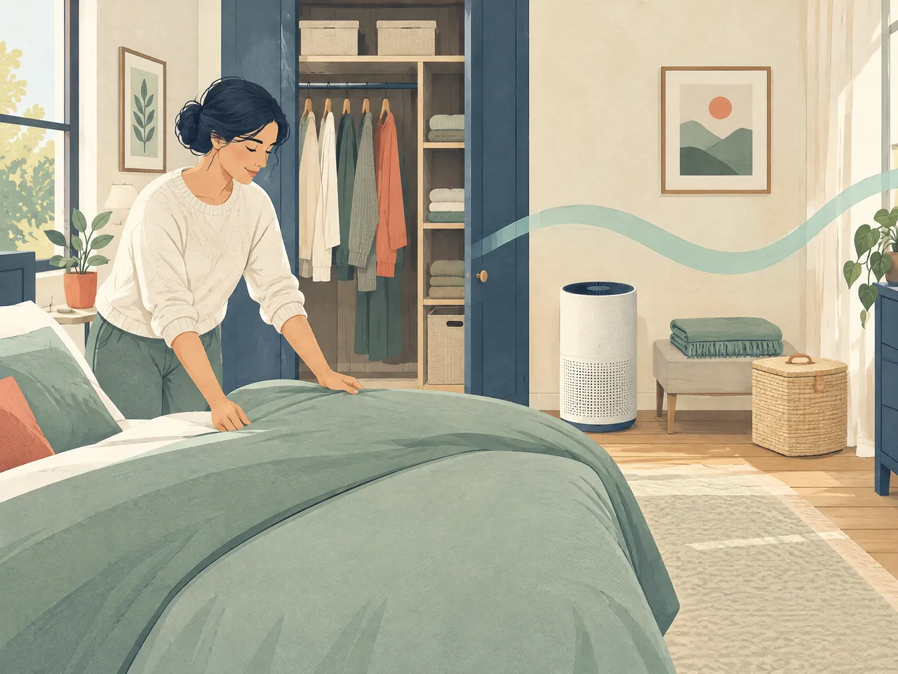 non-allergic rhinitis — An adult preparing a bedroom with fresh bedding, an unbranded air purifier, folded linens and a gentle clean-air ribbon — Hong Kong