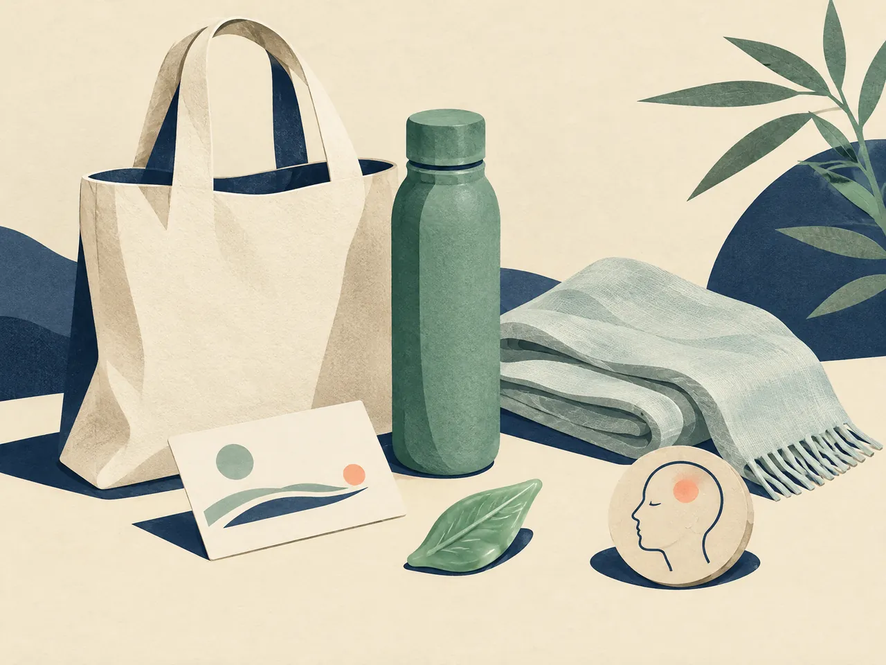 migraine medication side effects — An orderly appointment-preparation still life with a tote, water bottle, folded scarf, abstract card, jade leaf, and a headache-profile token — Hong Kong