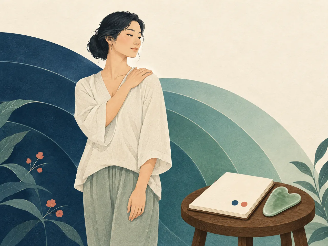 body gua sha — An adult lightly checking a shoulder beside an unlabelled check-in journal and jade gua sha tool, with layered arcs evoking follow-up observation — Hong Kong