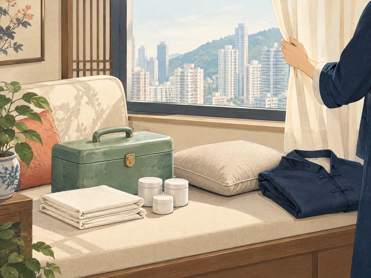 home visit Chinese medicine Hong Kong — A tidy home-visit kit, folded cloth and plain containers arranged in a well-lit apartment space — Hong Kong