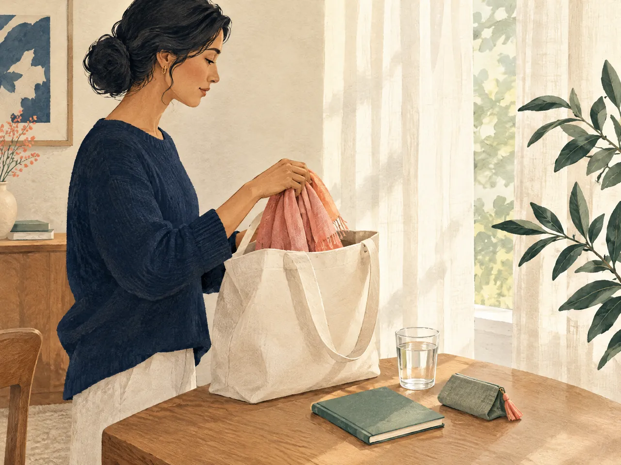 Chinese medicine postnatal assessment — A woman calmly prepares a scarf, water, notebook and small pouch in a cream tote at home before a health conversation — Hong Kong