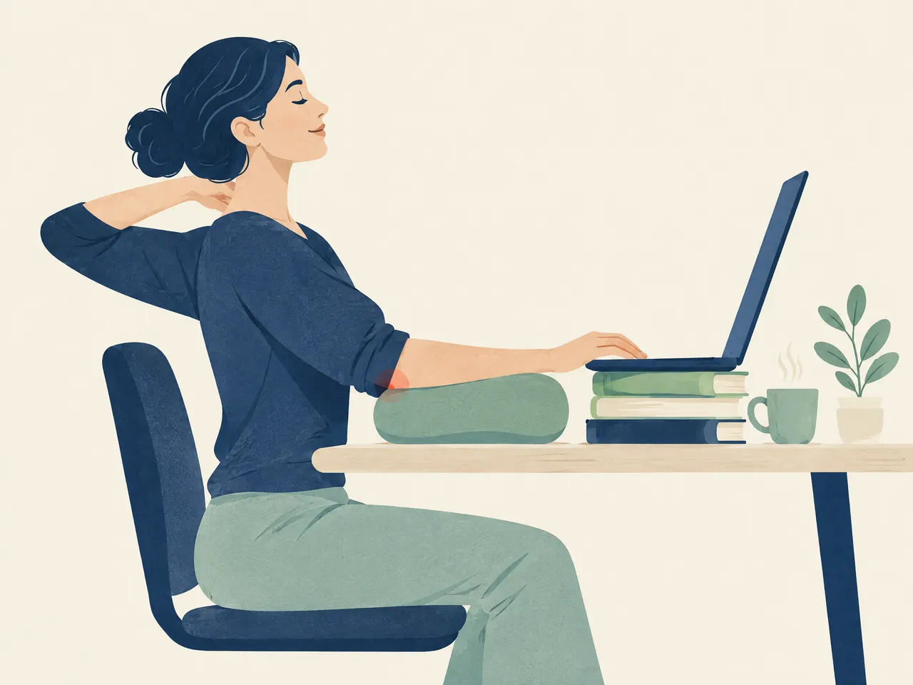 tennis elbow TCM — Elbow-friendly desk setup with a supported forearm, raised laptop, books and a gentle pause stretch — Hong Kong