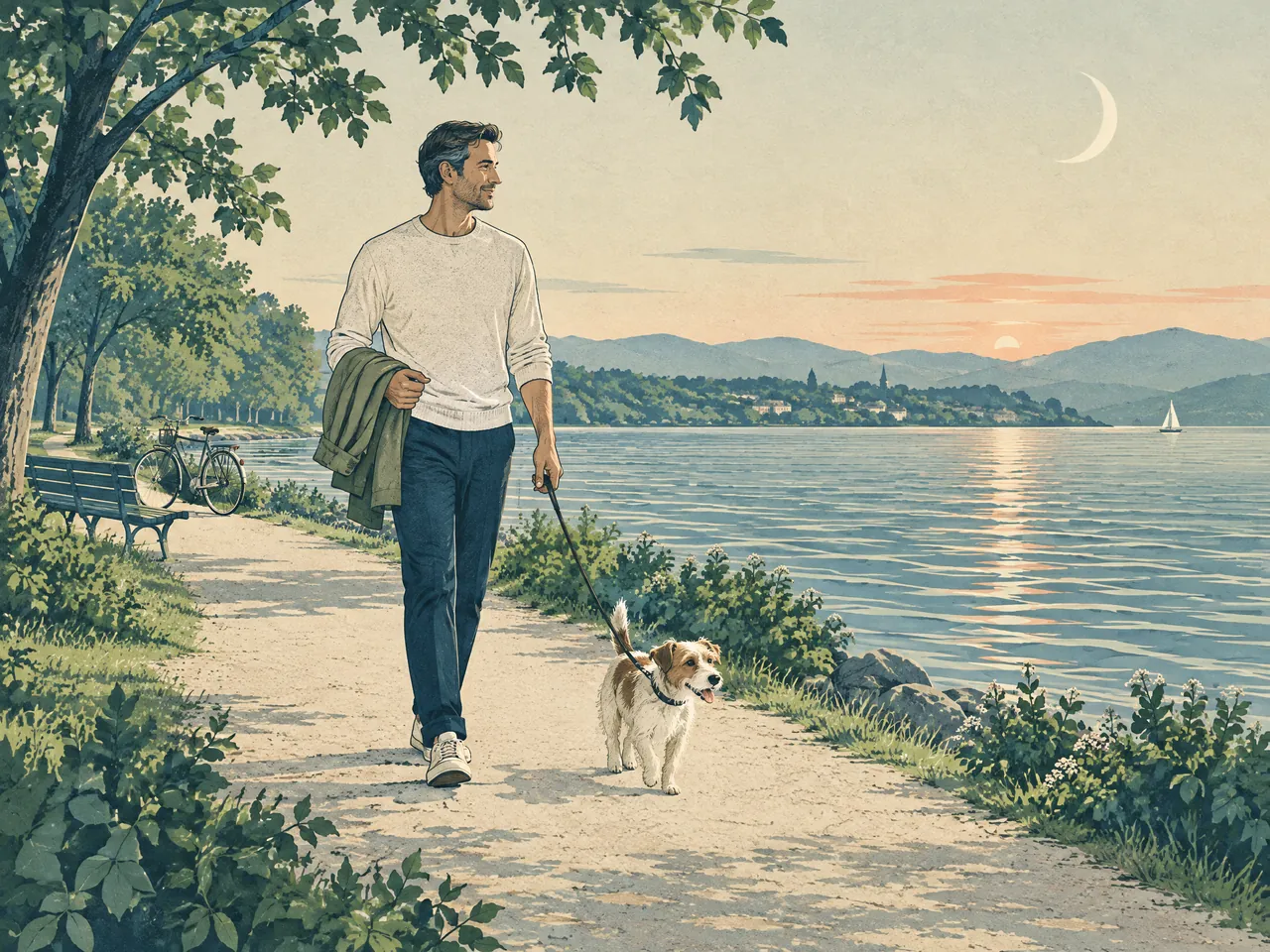 when should I seek urgent help for difficulty urinating — A man taking a relaxed evening waterfront walk with a small dog, bicycle and moon, illustrating sustainable movement and rest habits — Hong Kong