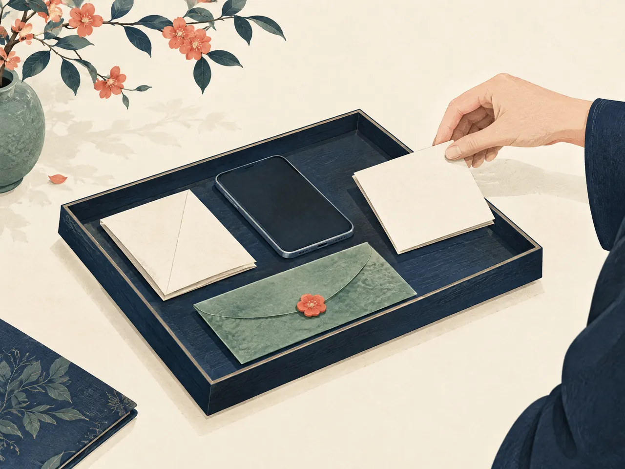 TCM Lab health information — A hand prepares a plain note, phone, envelope and appointment card in a navy tray, representing organised policy enquiries and mindful communication — Hong Kong