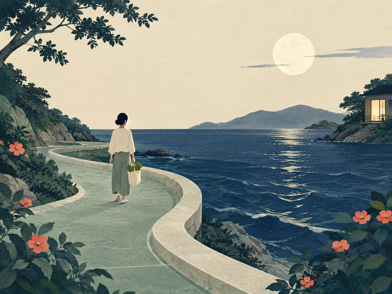 muscle strain red flags — A person walking an evening waterfront path with leafy groceries, representing practical lifestyle pacing and adjustment — Hong Kong
