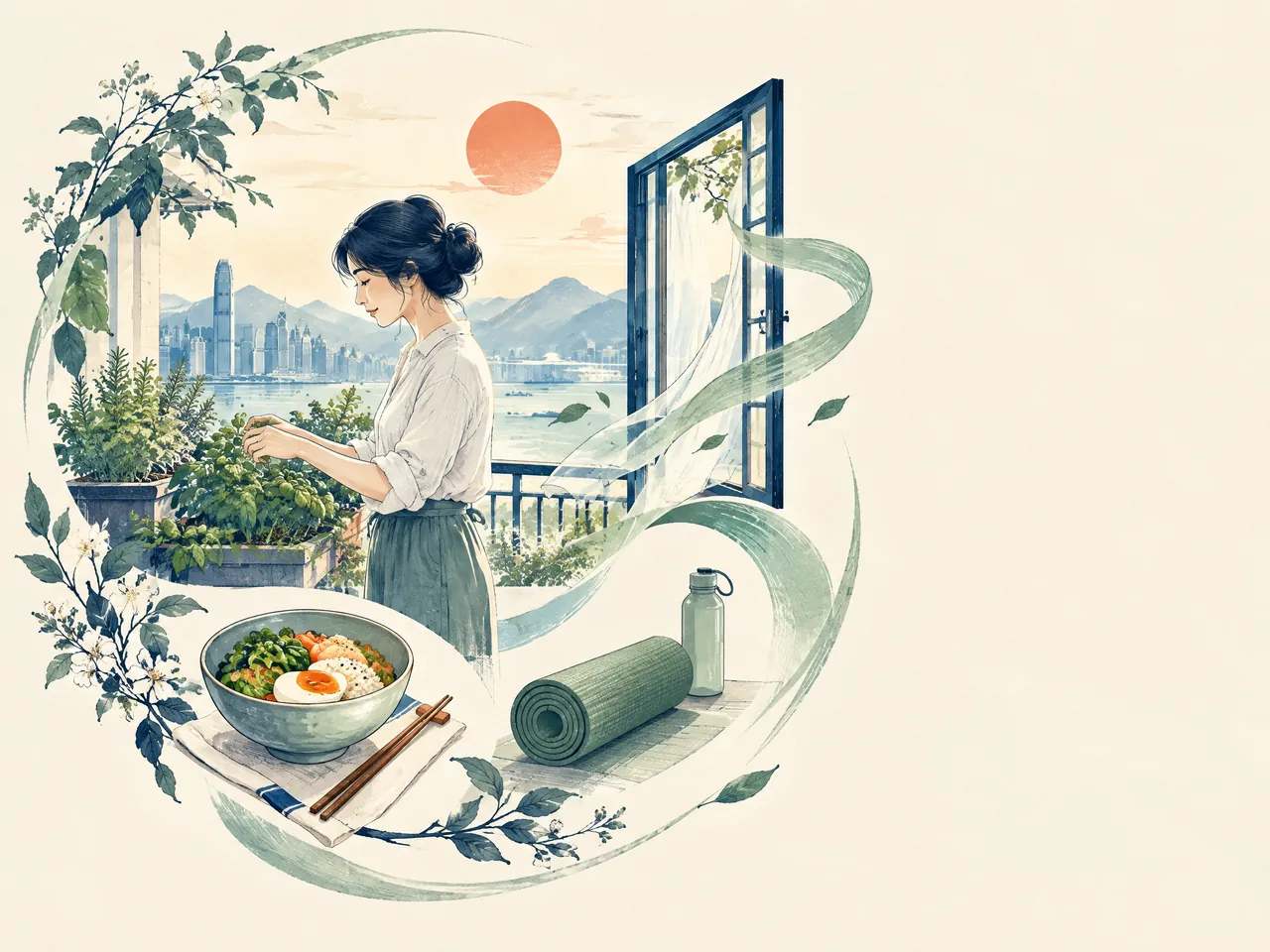 Kwun Tong Chinese medicine clinic — A balcony herb-tending lifestyle scene with a simple meal, exercise mat, water bottle and open-window breeze at sunrise — Hong Kong