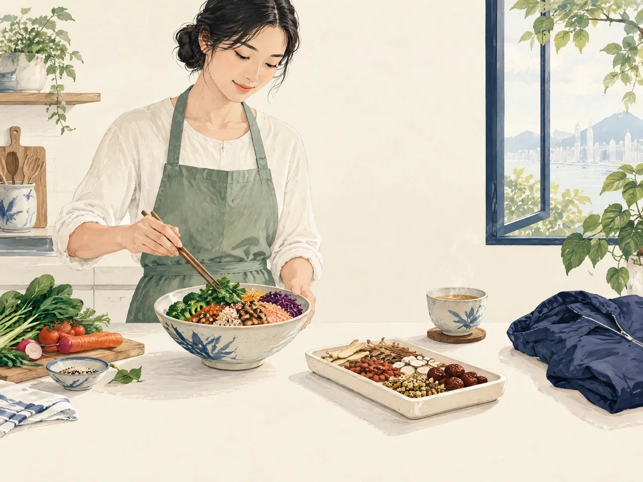 Chinese herbal medicine — A person in a jade apron prepares a balanced vegetable bowl beside an unlabeled tray of dried herbs and a steaming cup — Hong Kong