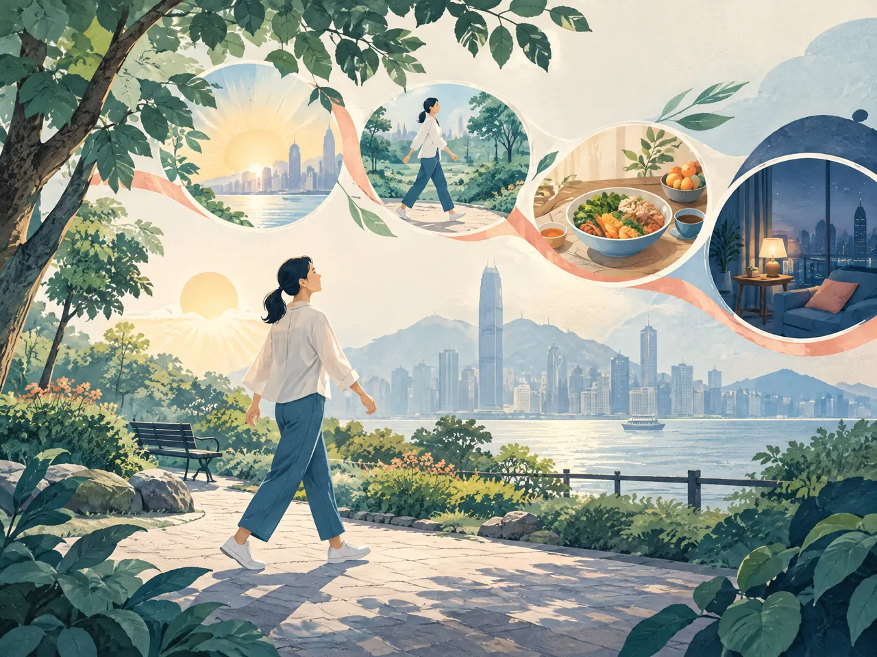 insomnia assessment — An adult walks in a leafy morning park above the Hong Kong skyline, with connected vignettes of daylight, movement, meals, and a quiet evening room — Hong Kong