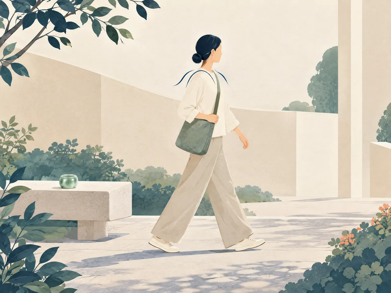 cupping therapy Hong Kong — An adult walks with a cross-body tote along a quiet path, with relaxed shoulder lines and a jade cup on a bench — Hong Kong