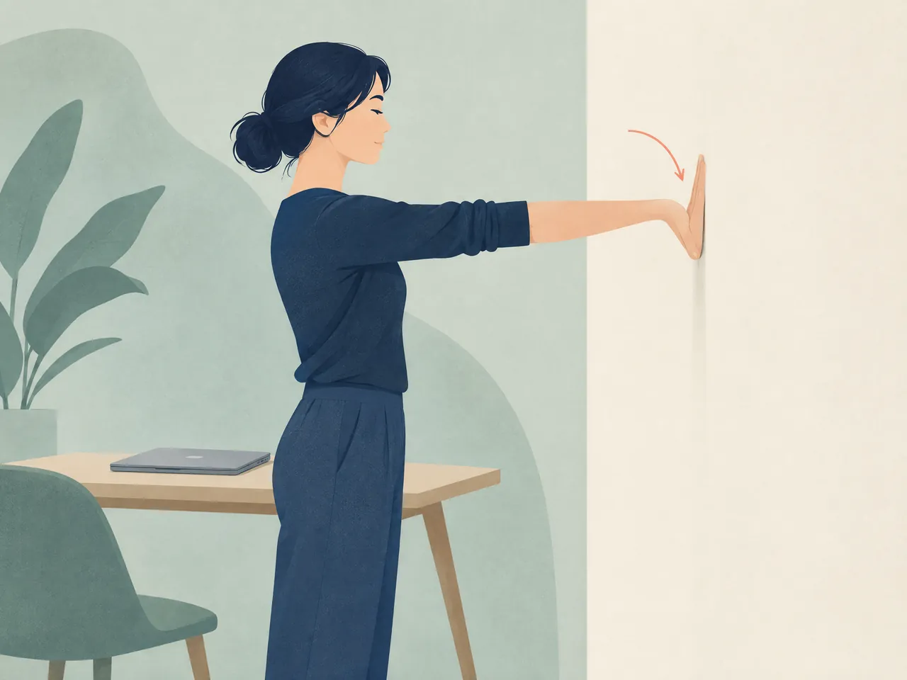 wrist pain — A desk-break scene showing a person gently stretching a straight arm and wrist against a wall beside a closed laptop — Hong Kong