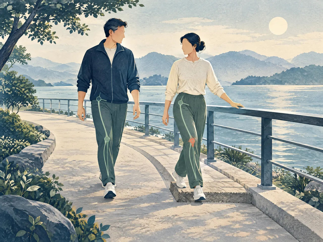 does acupuncture help hip pain — Two adults walking steadily along a waterfront rail, with restrained hip-to-knee alignment details and a small coral knee accent — Hong Kong