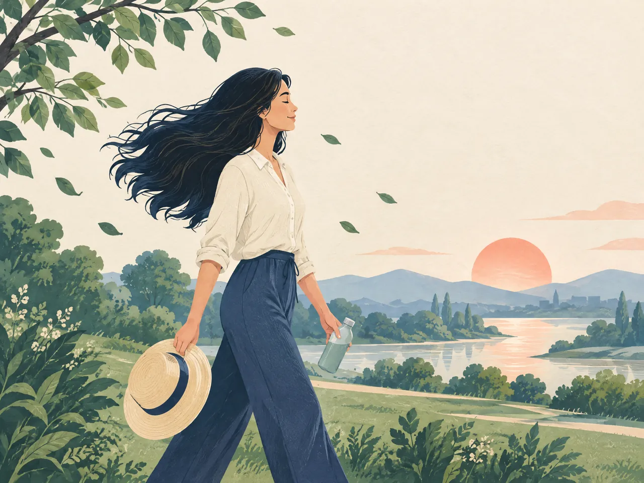 patchy hair loss — An adult with loose flowing hair walking in a green early-morning landscape with a sun hat and water bottle — Hong Kong