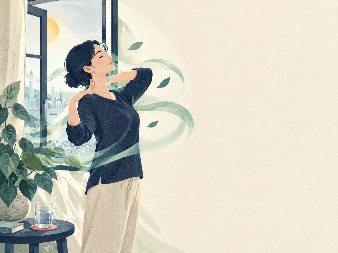 migraine medication side effects — A fictional adult gently stretching neck and shoulders beside an open window, water glass, plants, and muted jade airflow ribbons — Hong Kong