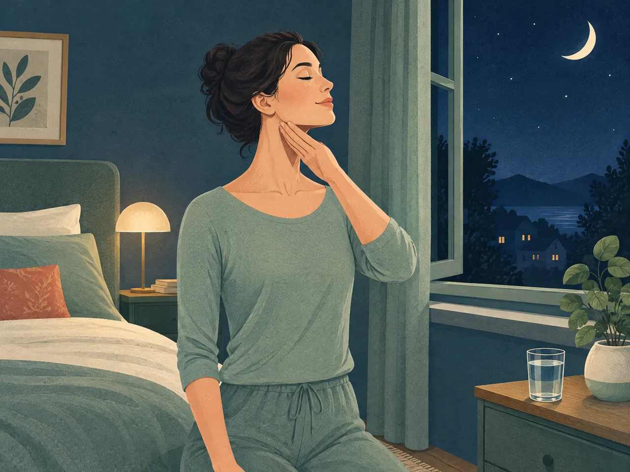 acne scar types — Evening lifestyle routine showing a gentle jaw-and-neck release stretch beside an open window — Hong Kong