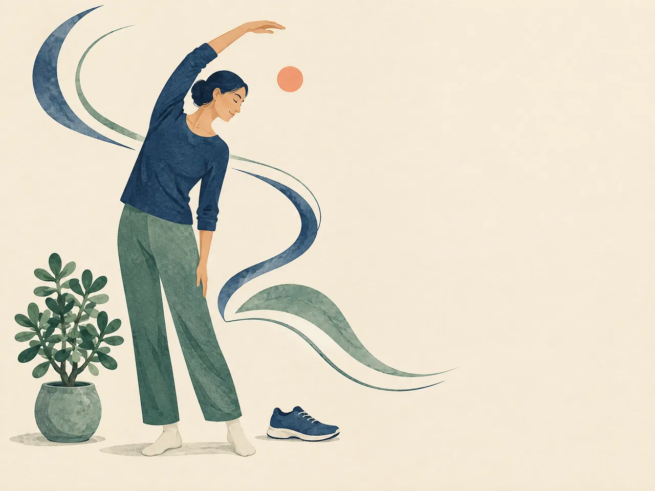 acupuncture for herniated disc — An adult making a gentle standing side stretch with a walking shoe, plant, and flowing movement lines for lifestyle adjustment — Hong Kong