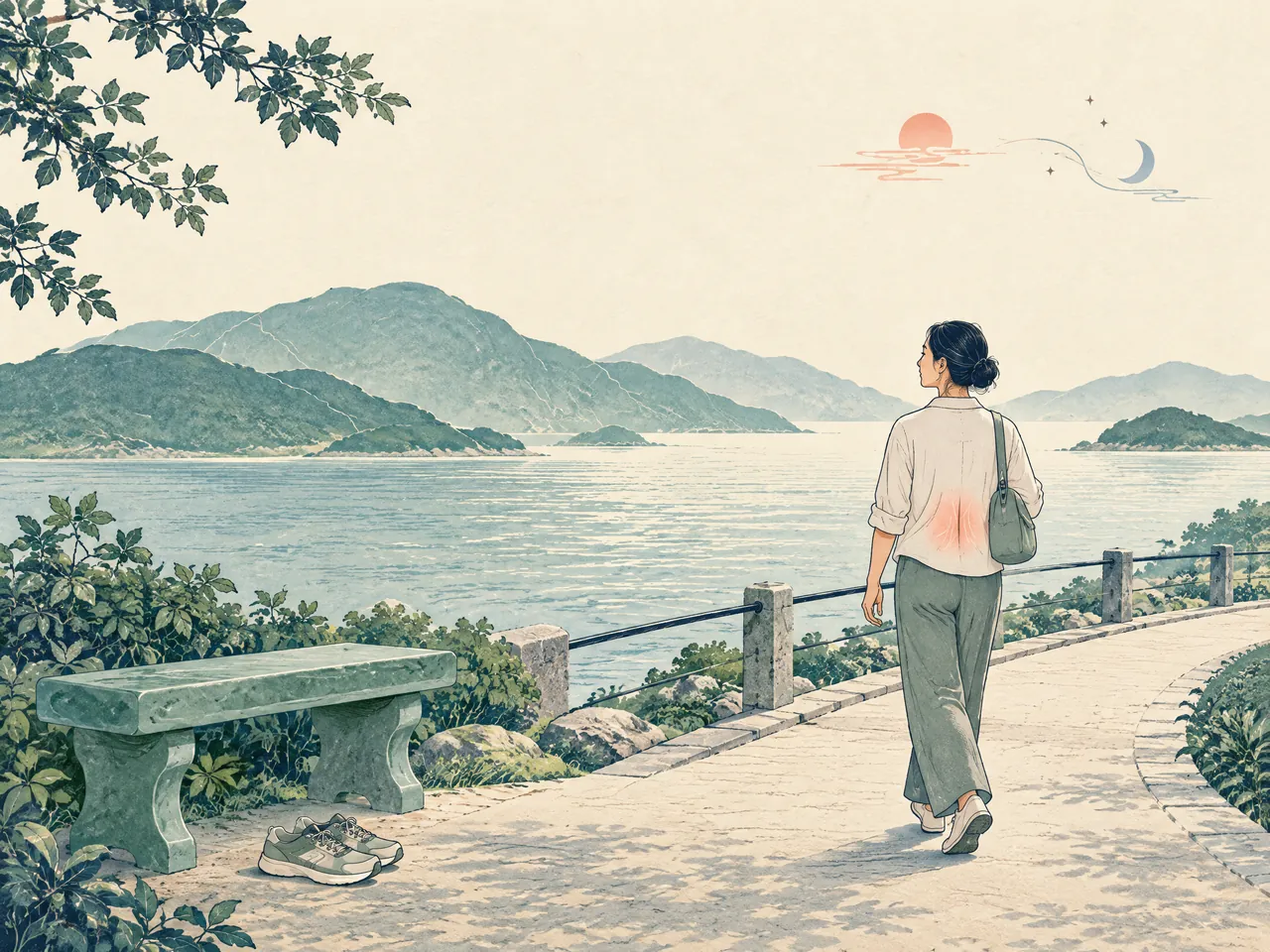 how does acupuncture help back pain — A person taking a gentle waterfront walk past a movement-break bench and shoes, with a subtle lower-back accent and day-to-night motif — Hong Kong