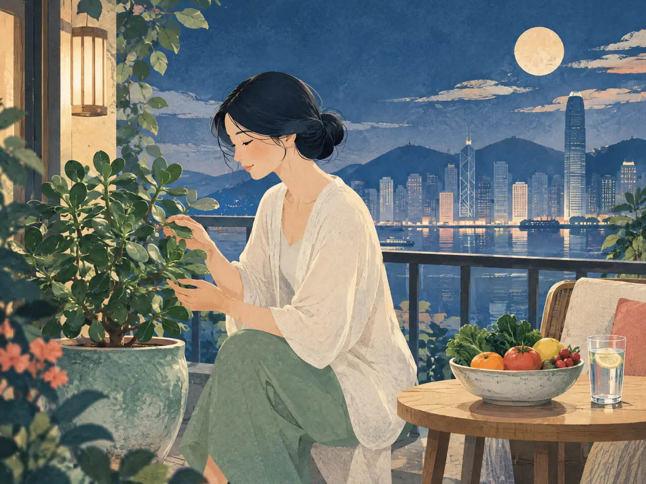 eczema itching relief — Evening balcony routine with an adult tending a leafy plant beside a bowl of produce and a water glass, overlooking an abstract Hong Kong skyline — Hong Kong