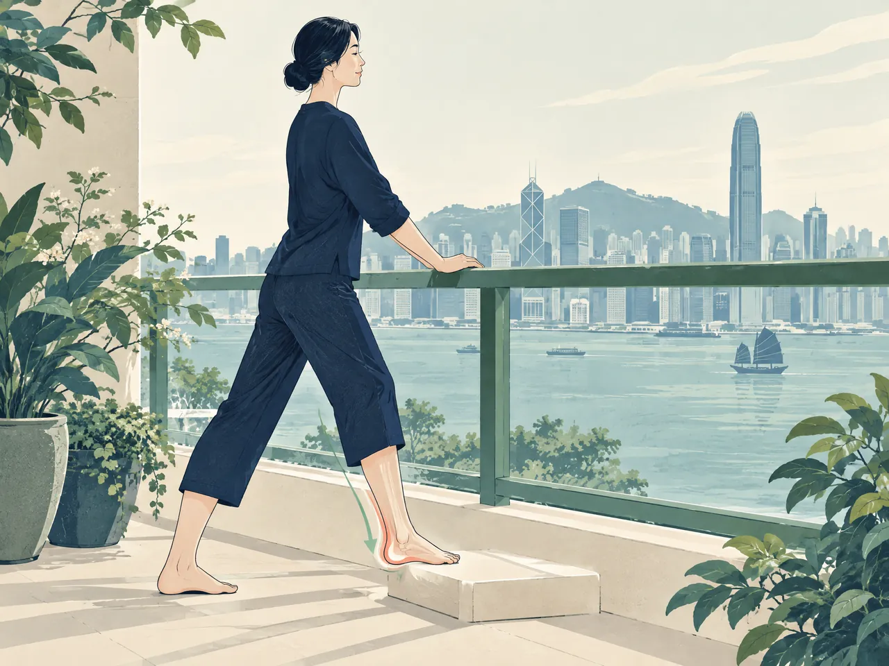 recurrent ankle sprains — Gentle calf-and-ankle stretch on a balcony step overlooking Hong Kong harbour, with ankle and heel motion subtly highlighted — Hong Kong