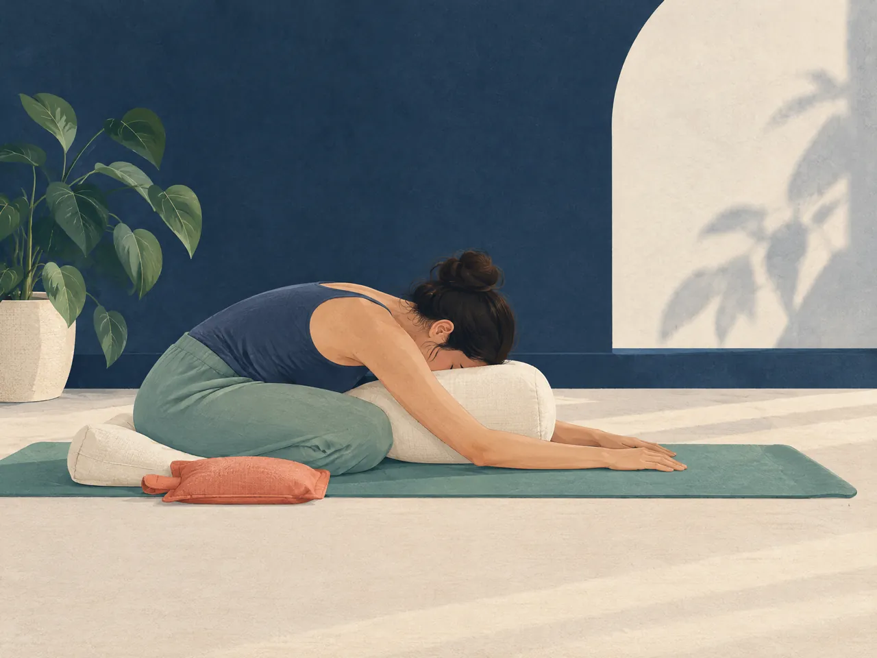sciatica diagnosis and examination — Woman practising a modest restorative forward fold with cushions, yoga mat, and a coral heat pouch at home — Hong Kong