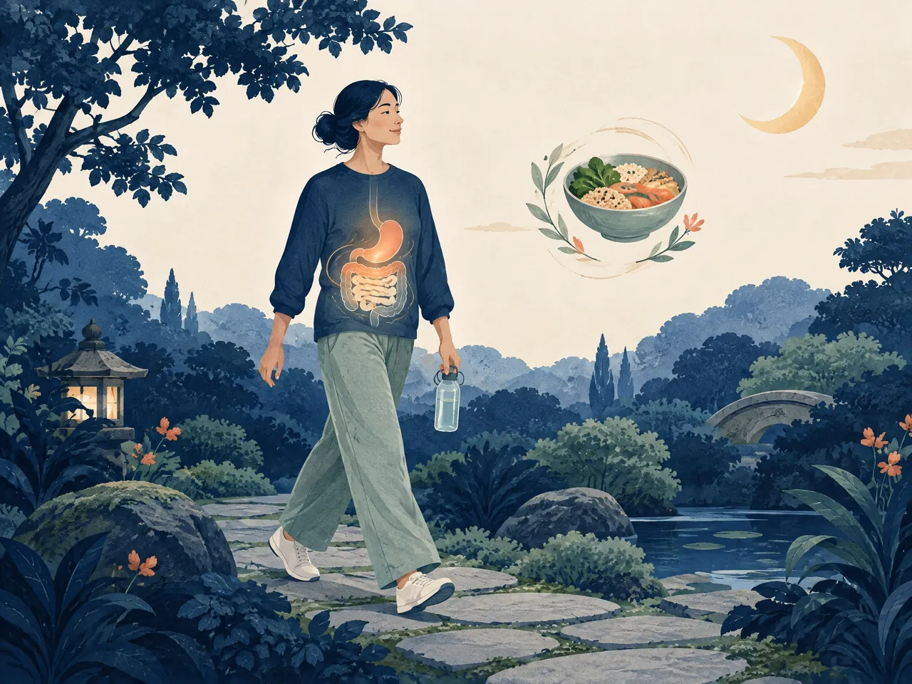 IBS acupuncture — An adult takes a quiet evening garden walk carrying water, with a subtle digestive anatomy glow and balanced meal motif representing lifestyle adjustment — Hong Kong
