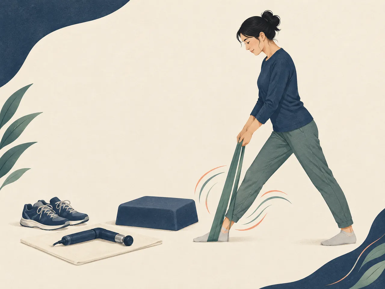 pain assessment — An adult uses a resistance band for a gentle calf stretch beside shoes, a step and an unbranded shockwave handpiece — Hong Kong