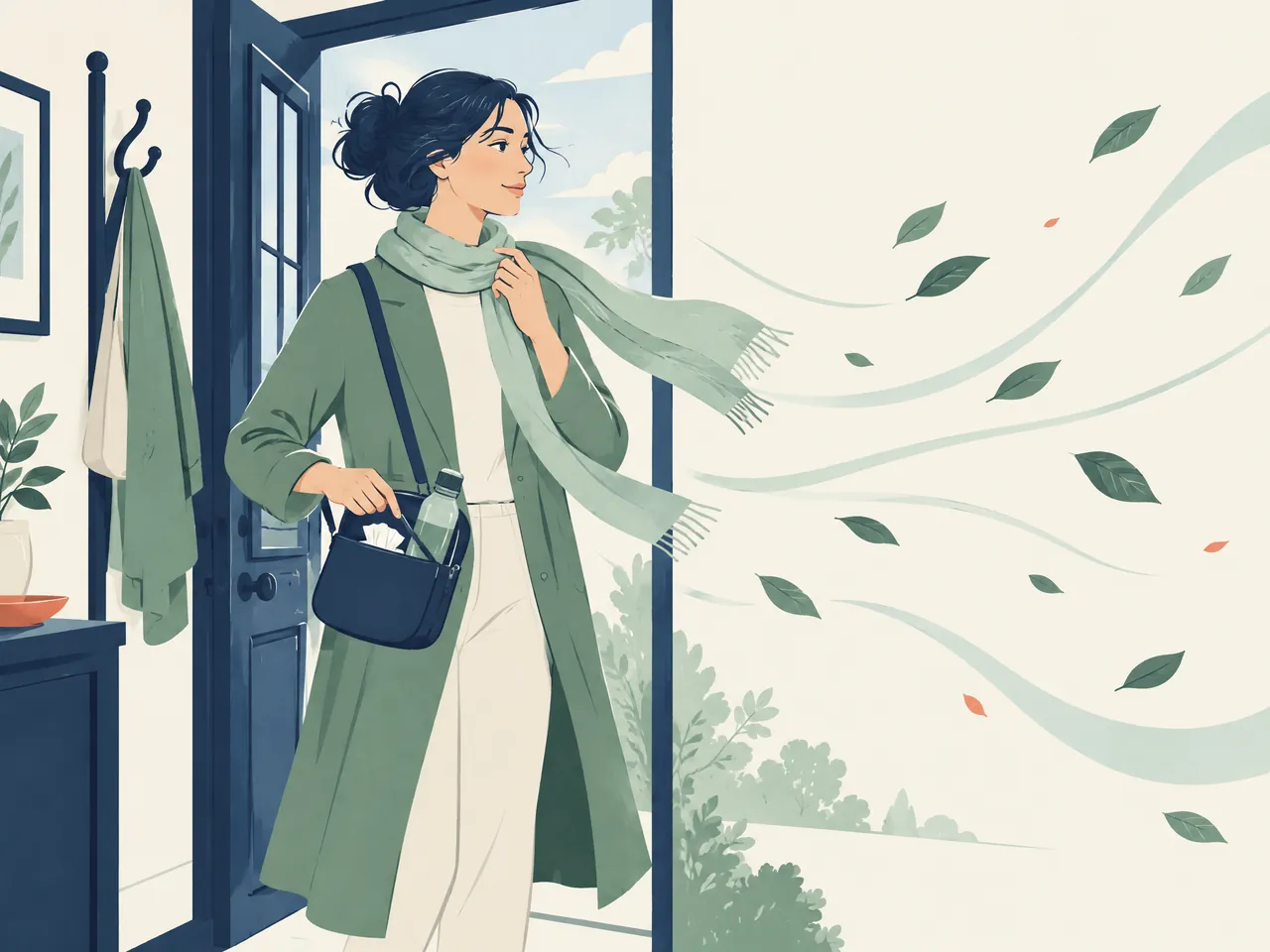 non-allergic rhinitis — A person preparing to leave on a breezy day with a light scarf, tissue-filled bag and abstract leaves moving on jade air currents — Hong Kong