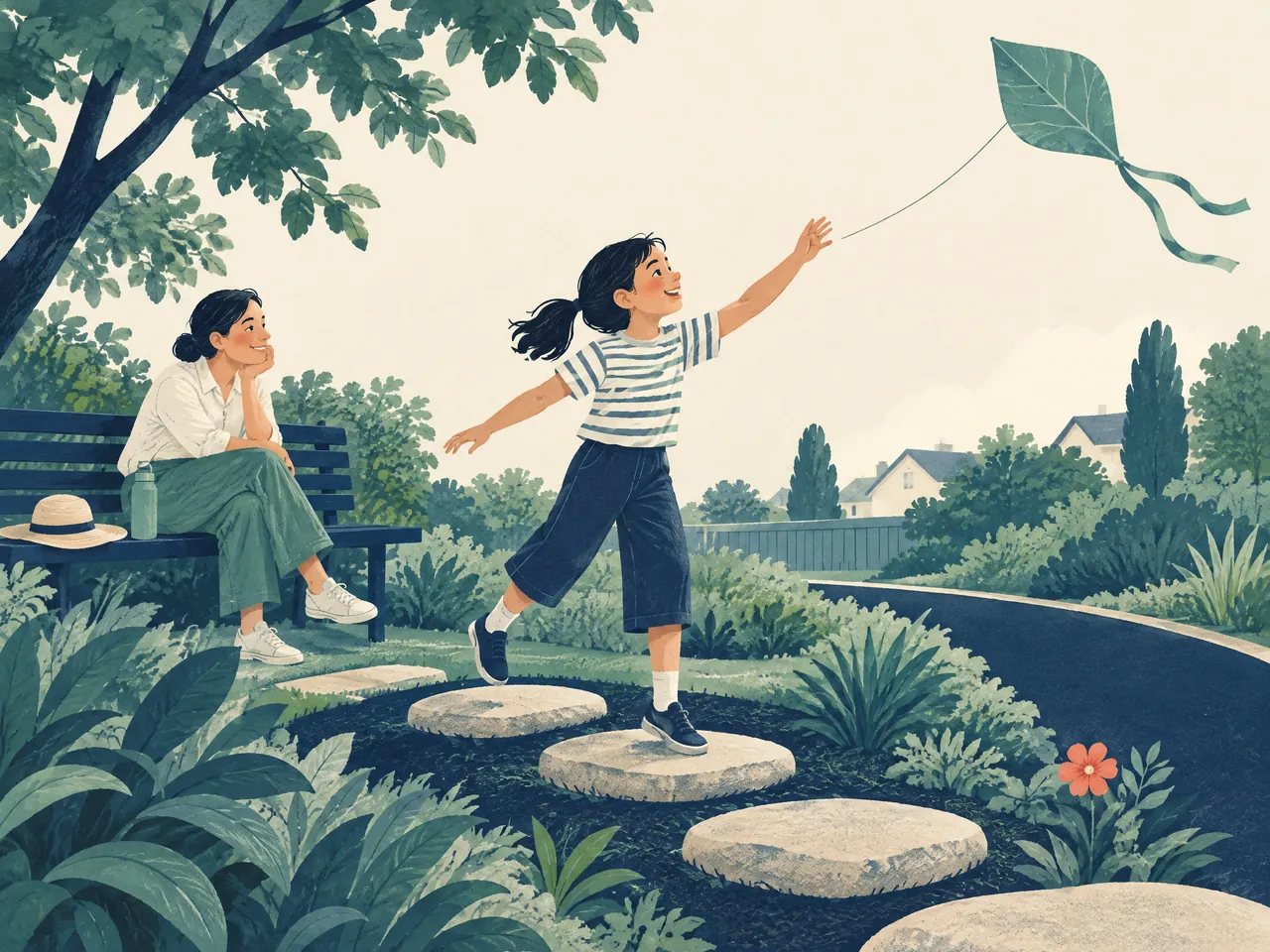 paediatrics in CM — School-age child balancing on garden stepping stones while reaching for a jade leaf kite as a parent watches nearby — Hong Kong