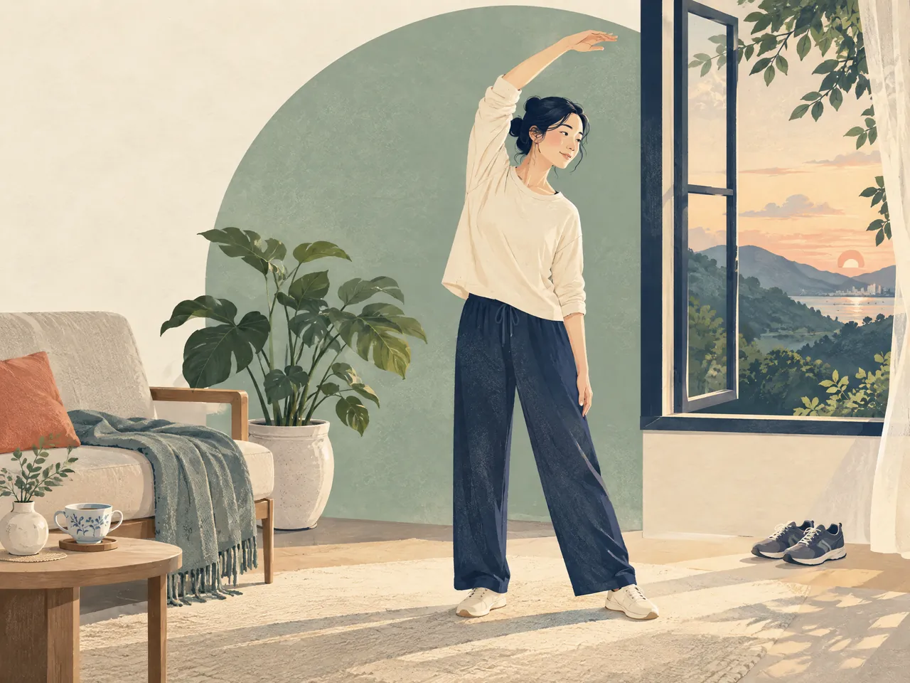 What should I ask before acupoint embedding? — An adult performs a gentle home stretch by an open window, with walking shoes and a quiet evening landscape — Hong Kong