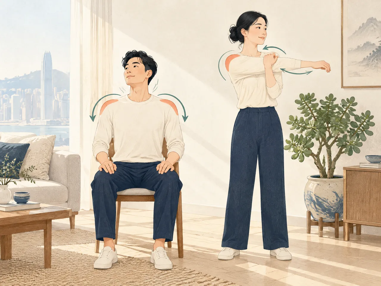 acupuncture for rounded shoulders — Two adults practising gentle shoulder rolls and a cross-body shoulder stretch in a calm home setting — Hong Kong