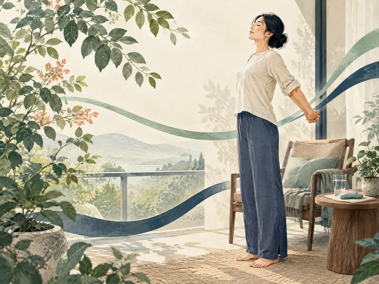 body gua sha — An adult performing a gentle shoulder-opening stretch in a plant-filled home nook, with water and a jade gua sha tool as part of a broader routine — Hong Kong