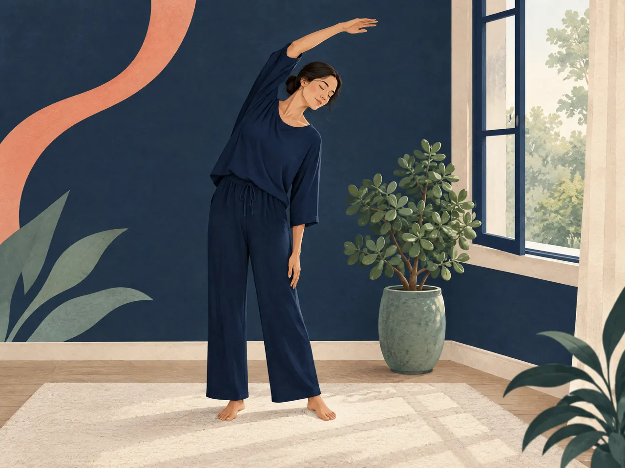 Chinese medicine postnatal assessment — A woman in loose clothing practises a gentle standing side stretch in a quiet home beside an open window and jade plant — Hong Kong