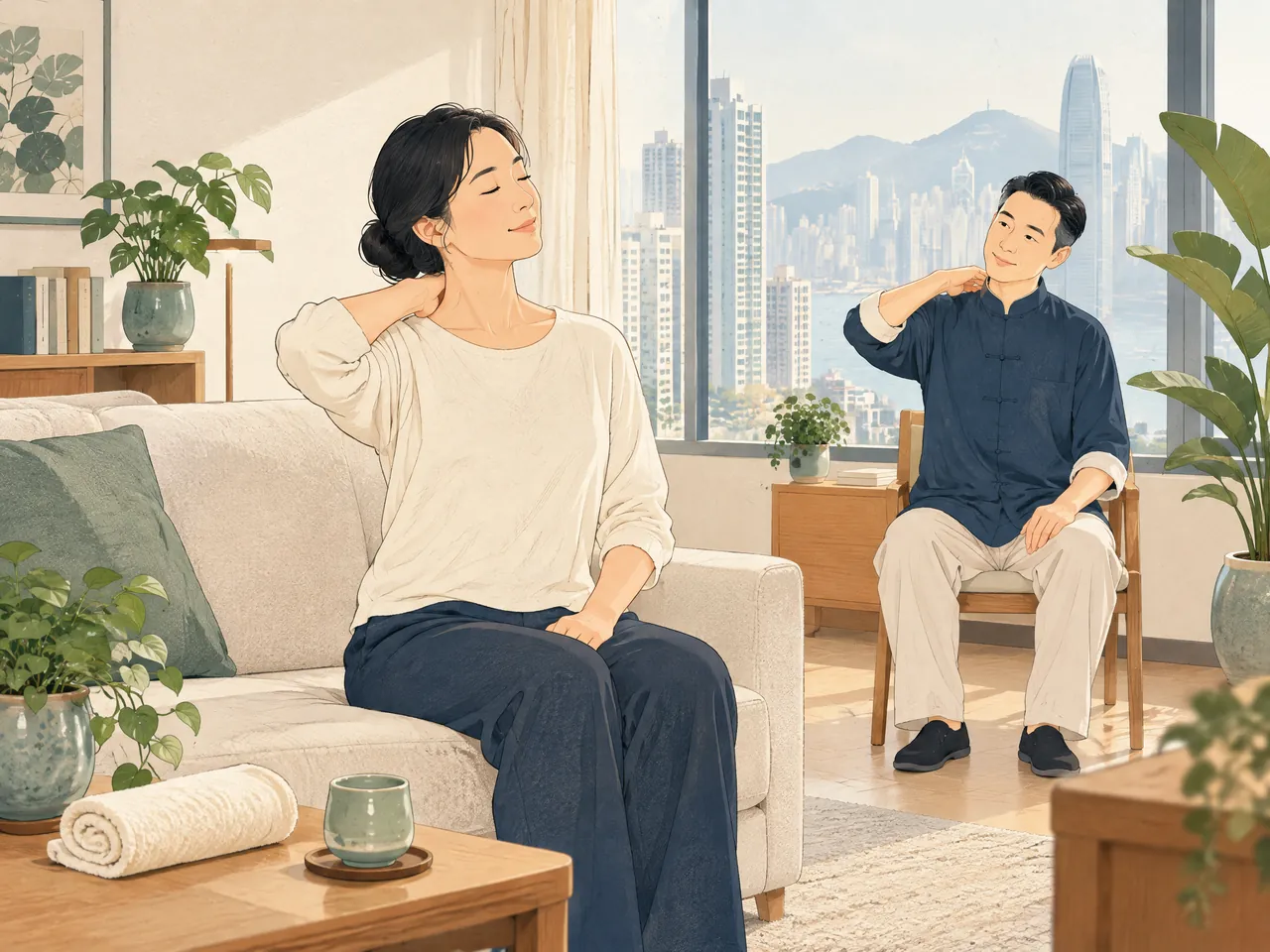 home visit Chinese medicine Hong Kong — A resident and practitioner demonstrating a gentle seated neck-and-shoulder movement in a Hong Kong living room — Hong Kong